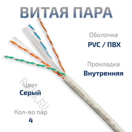 Cabeus UTP-4P-Cat.6-SOLID-GY Кабель витая пара UTP (U/UTP), категория 6, 4 пары (23 AWG), одножильный, PVC нг(А)-LS, серый (305 м)